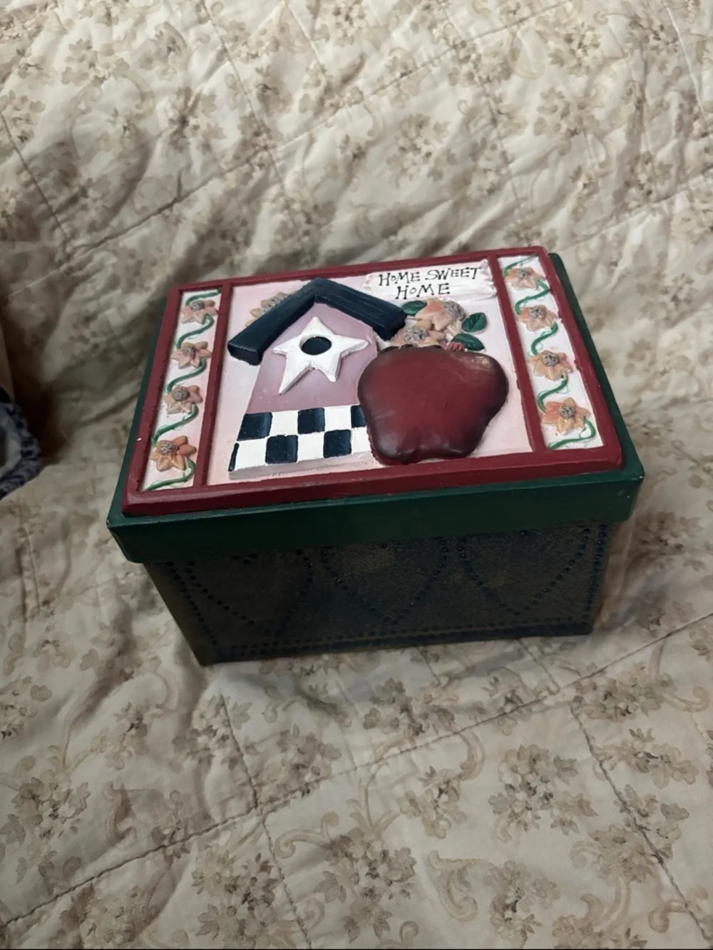 Decorative Metal Green and Red Home Sweet Home Kitchen Recipe Storage Box